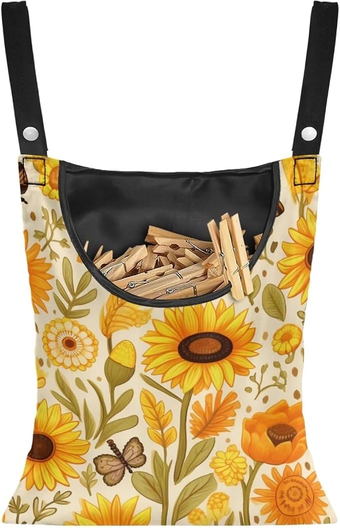 Sunflower Clothespin Organizer Bag Fashion Clothespin Storage Organizer with Large Opening Rotatable Clothespin Storage Bag Laundry Clothespin Bags, Clothespin Storage Hanger Bag