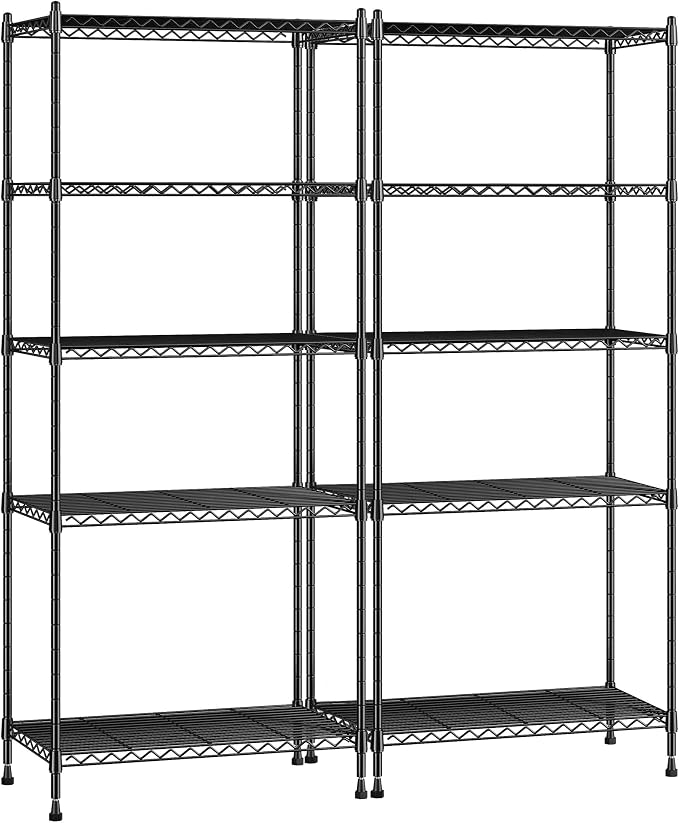 Romorgniz 5-Tier Shelf 1010LBS Storage Shelves Adjustable Wire Shelving,Tool-Free Assembly,Metal Shelving Unit for Kitchen Pantry Closet Laundry Bathroom 59" Hx21.7 Wx13.8 D,Black,2P