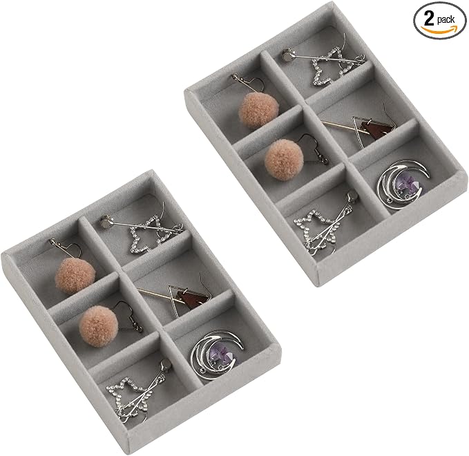 Frebeauty Small Jewelry Trays for Drawer,2 Pack 6 Grid Earring Organizer | Jewelry Display for Rings Stud,Jewelry Box Inserts,Drawer Inserts,Adjustable Dividers,Earring Organizer,Stackable,Mini Size