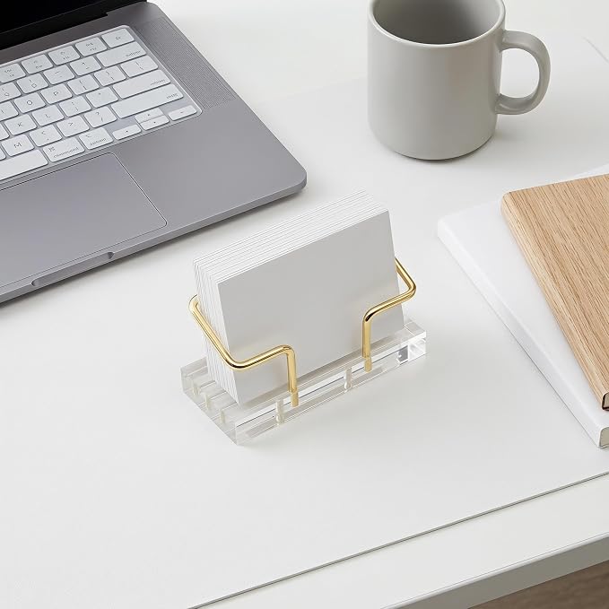 Desktop Business Card Holder, Clear Transparent Base with Gold Plated Metal Stand, Non-slip Business Cards Display Organizer for Office Reception Desk Workspace Clear