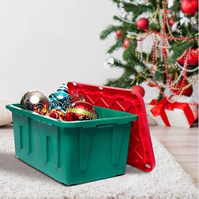 HOMZ Holiday Plastic Storage Container, 27 Gallon - Set of 2, Green and Red, 2 Sets | Heavy-Duty Large Stackable Container Seasonal Boxes for Home, Attic, and Garage Organization