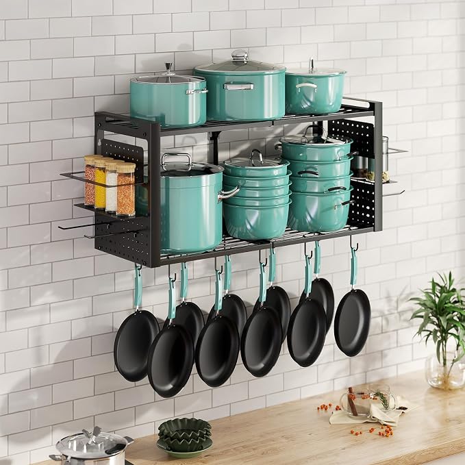 31 Inch Pot Rack Wall Mounted, 2-Tier Pots and Pans Organizer with 20 Hooks & Pan Organizer and Spice Rack, Heavy Duty Hanging Pot Hanger for Kitchen Cookware, Utensils, Black