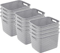 Sterilite 12-Pack Tall Weave Basket, Wicker-Style Plastic Open Storage Bin, Cement Gray - Multi-Purpose Decorative Organizer for Laundry Area, Shelves, Closets, Pantries, Living Rooms or Offices
