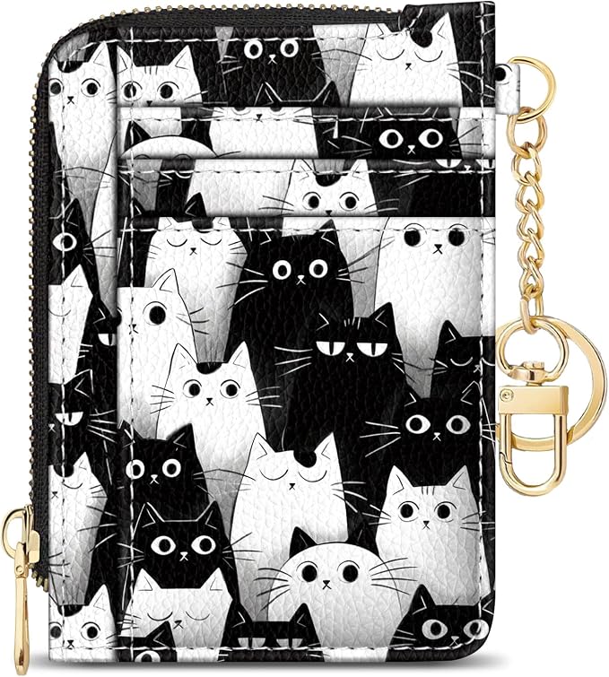 GIANCOMICS Slim Wallet Credit Card Holder Women, Cats Rfid Blocking Small Card Case, Keychain Thin Pocket Curved Zipper Wallet, Travel Card Holder PU Leather ID Window, Ladies Female Gifts