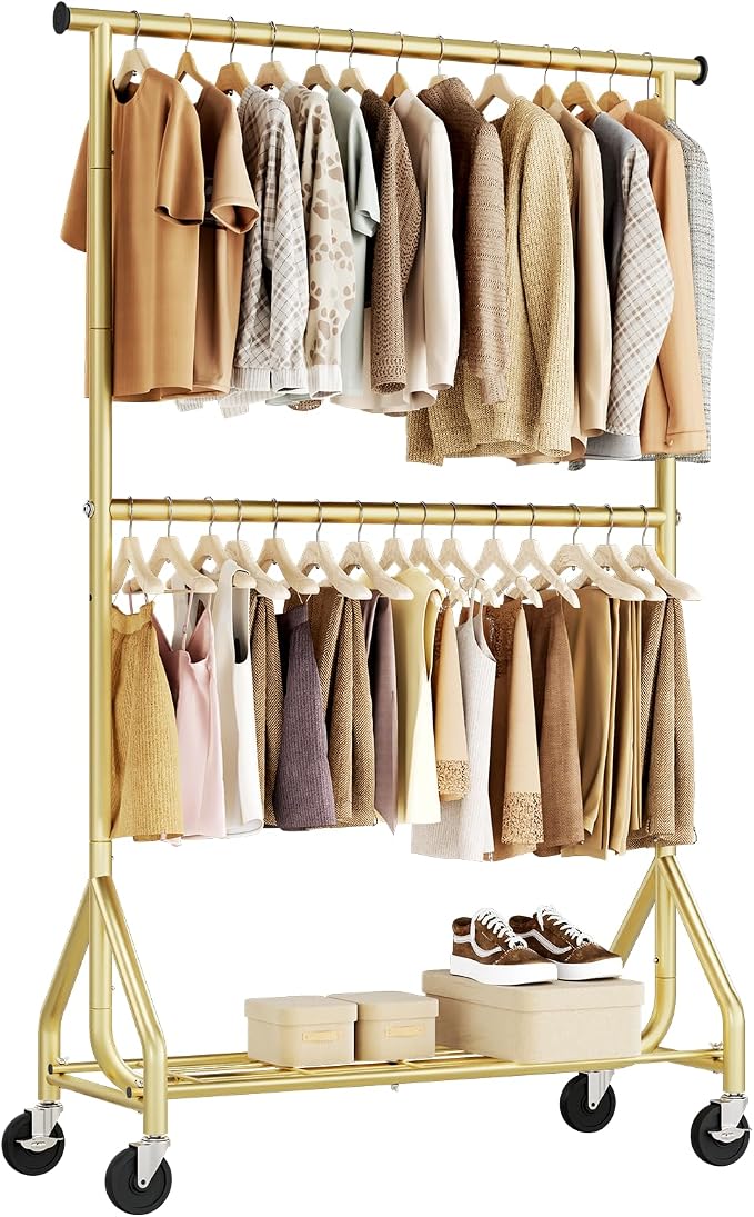 HYSEYY Heavy Duty Clothes Rack, Double Rod Clothing Rack for Hanging Clothes, Rolling Garment Rack, Adjustable Freestanding Wardrobe Closet Coat Rack for Bedroom Laundry Living Room, Gold