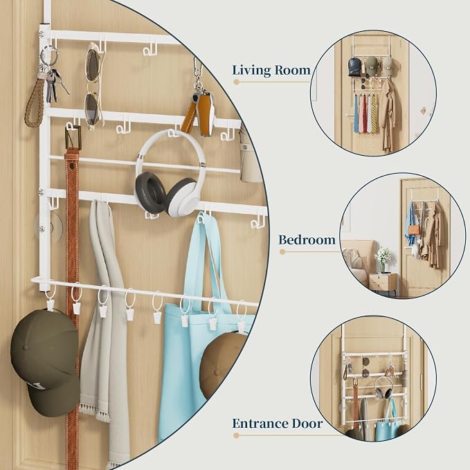 Consumest Over The Door Organizer - 4 Tier Door Hanger Hooks for Hanging Clothing, 24 Inches Long Coat Hanger for Bedroom, Bathroom, Laundry or Dorm Room, White