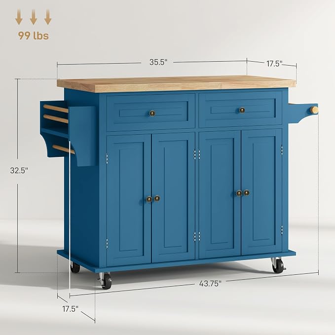 HOMCOM Kitchen Island Cart with Solid Wood Top, 44" Mobile Kitchen Island Table on Wheels with Storage Cabinets, 2 Drawers, Adjustable Shelves, Spice Rack & Towel Bar for Dining Room, Turquoise