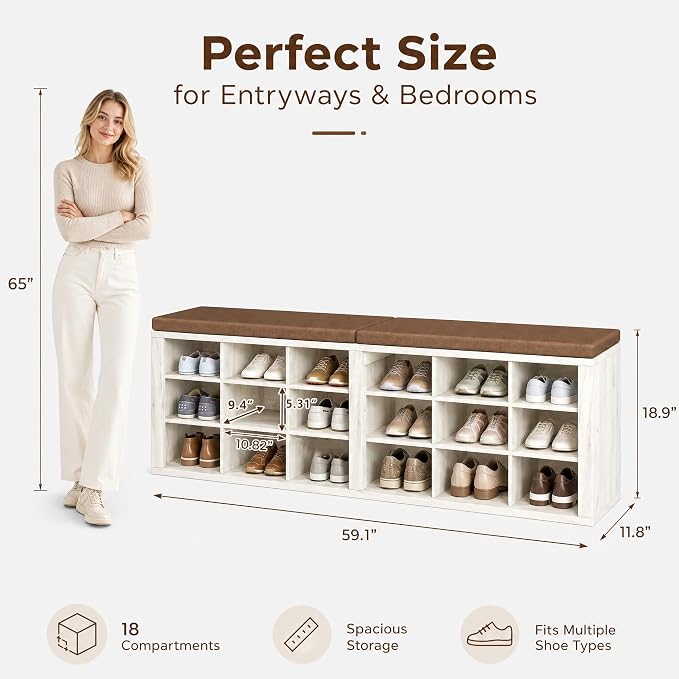 Shoe Storage Bench with Padded Seat, 18-Cubby Shoe Organizer for Entryway, 59.1" Long 700 lb Capacity, for Living Room, Bedroom, Hallway (Whiteboard with Warm Earthy Brown, Linen, Sponge)