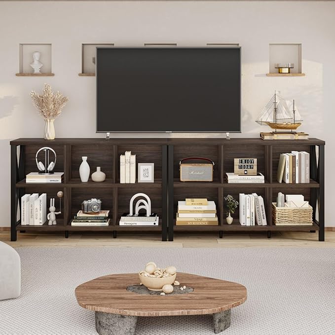 FATORRI 6 Cube Storage Organizer with Shelf, Short Horizontal Bookshelf for Living Room, Wood and Metal Cubby Bookcase, 47 Inch Industrial Low Book Shelf and Book Case (Dark Walnut)