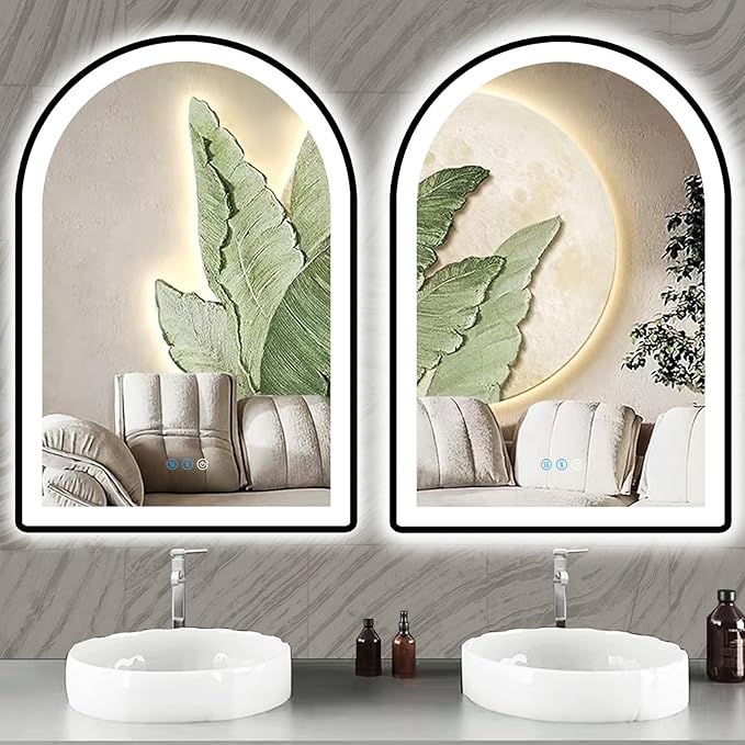 THEKLA 32 x 24 Inch Black Arch Vanity Mirror with Light Black Frame LED Arched Lighted Mirror for Bathroom Wall Mount 3 Color Adjustable Memory Frontlight 32in Black Framed Arch Smart Light up Mirrors