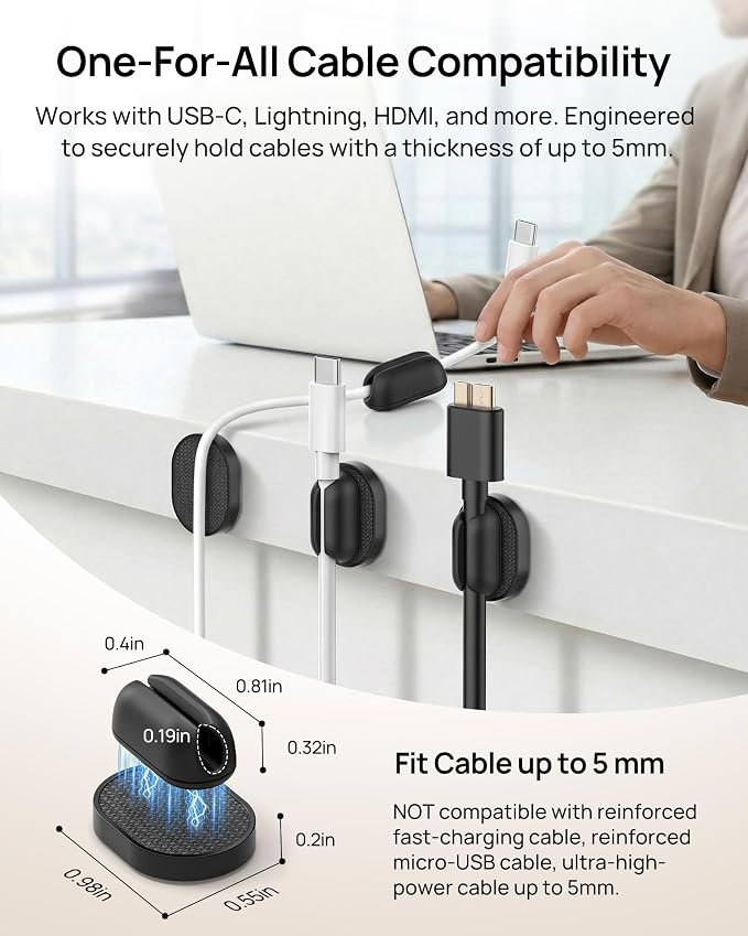 6 Pack Magnetic Cable Holder [2 in 1 Magnet & Adhesive] Cable Clips Silicone for Phone Charger, SODI Minimalist Cord Holder for Nightstand, No-Residue Adhesive Cord Organizer for Desk, Car, Office