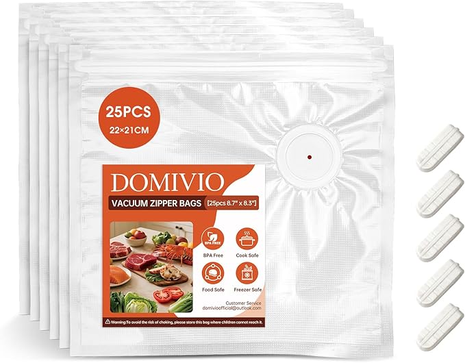 Reusable Vacuum Sealer Bags 25 Pack (8.7"x8.3") with 5 Clips, BPA-Free Vacuum Zipper Bags for Food Storage, Freezer & Sous Vide Cooking, Compatible with Food Saver Vacuum Sealers