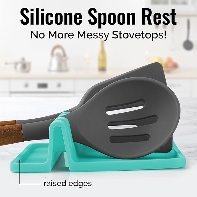 Zulay Kitchen Silicone Utensil Rest with Drip Pad for Multiple Utensils - BPA-Free, Heat-Resistant Spoon Rest & Spoon Holder for Stove Top - Kitchen Utensil Holder for Ladles & Tongs - Aqua