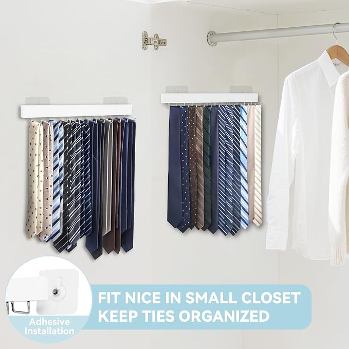 Tie Rack Wall Mount, Adhesive Wooden Closet Tie Hanger with 24 Metal Hooks, Large Capacity, 2 Installation Options, White, 2 Pcs