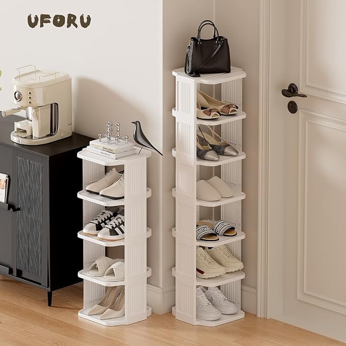 UFORU Vertical Shoe Rack, 6 Tiers Stackable Shoe Rack for Closet, Tall Standing Shoe Organizer, Small Shoe Shelf for Narrow Places Durable Plastic Construction (White)