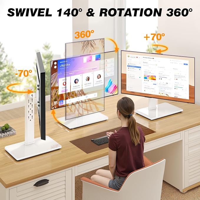 TAVR Furniture Single Monitor Stand VESA Mount for 13-32 Inch Screens | Free-Standing Monitor Riser with Swivel Tilt Rotation Height Adjustable, Universal Desk Stand up to 44lbs, White