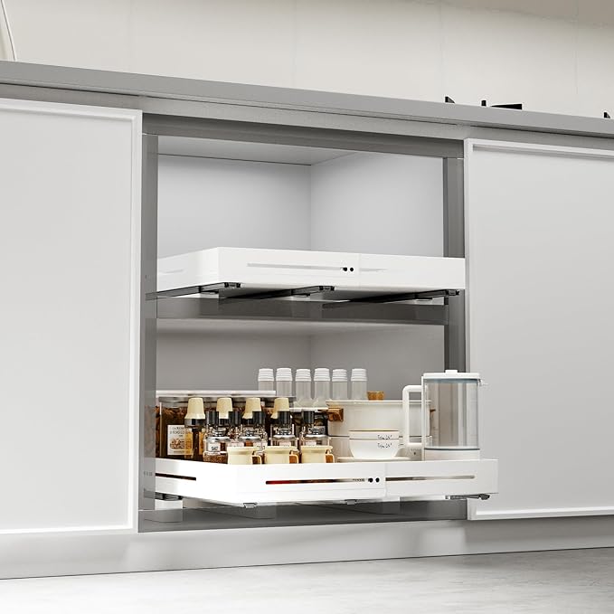 Pull Out Cabinet Organizer With Raising Pad for Framed Cabinets,Adjustable Depth(12.8"-17.5") And Width(14.8"-20.5"),Slide Out Drawers,No Drill Design,Heavy Duty Storing,White