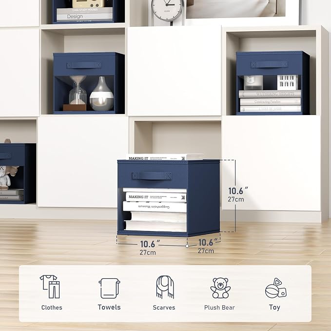 DIMJ Storage Cubes, Cube Storage Bin, 8 Pack Foldable Baskets with Window, Closet Storage Bins with Handle, 11x 11 inch Storage Cubes for Clothes, Toys, Books (Navy Blue)