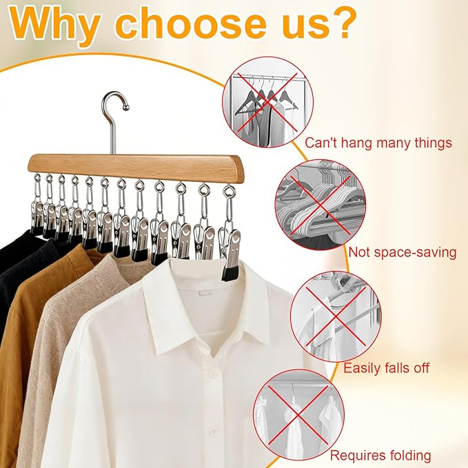 Closet Organizer with 10 Clips, 2 Pack Wooden Hanging Storage Hanger, Space Saving Multifunctional Rack for Ties, Scarves, Hats & Small Accessories