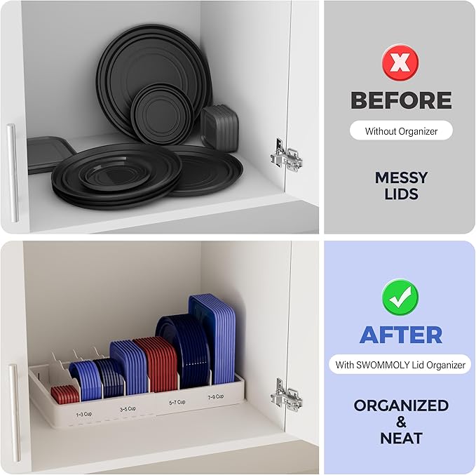 SWOMMOLY Expandable Food Storage Container Lid Organizer, Includes 6 Adjustable Dividers, 30 Preprinted and Blank Writable Labels, White