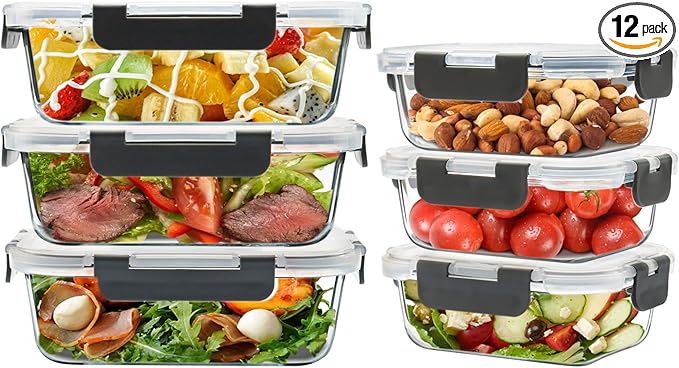 6pack Glass Meal Prep Container, Food Storage Containers with Airtight Lids | Glass Lunch Containers with Airtight Lids, Microwave to Freezer Safe, Dishwasher Safe