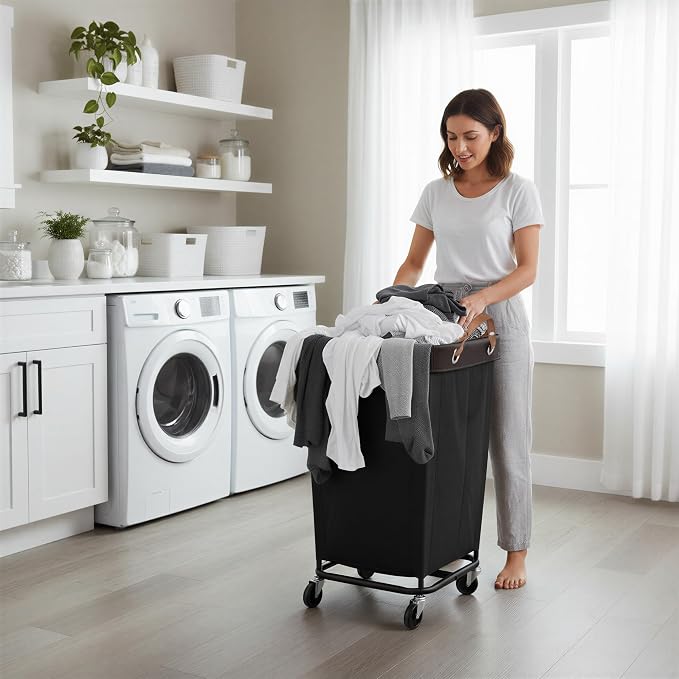 StorageWorks Laundry Basket with Wheels for Clothes, 160L Black Hamper Cart