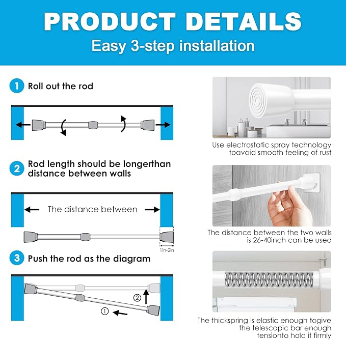 MEXAU Tension Curtain Rod 4Pcs Tension Rod 26-39 Inch Small White Spring Curtain Rod Anti-Rust Spring Tension Rod for Window Closet Rod No Drilling Adjustable