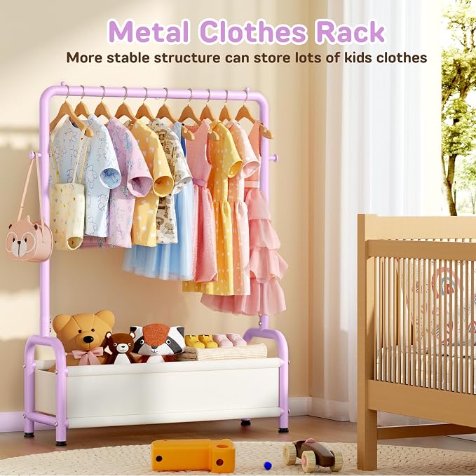 Kids Clothing Rack with Storage Shelf, Kids Dress Up Storage for Coats, Small Baby Garment Rack for Hanging Clothes, Toddler Wardrobe Closet Organizer (Purple, Classic)