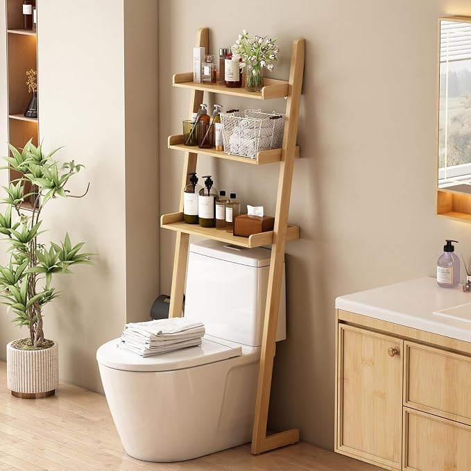 Solid Bamboo Toilet Shelf,3 Tier Bathroom Shelf with Anti-Slip Base | Solid bamboo over the toilet storage – naturally moisture-resistant for bathrooms, built for long-lasting durability