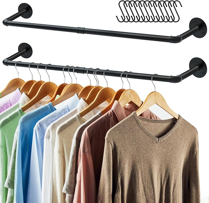 ERYTLLY Industrial Pipe Clothes Rack 38”, 2 Set Multi-purpose Wall Mounted Iron Garment Rod,Heavy Duty Detachable Hanging Clothes Rack for Closet Rod (Black,2 Base)