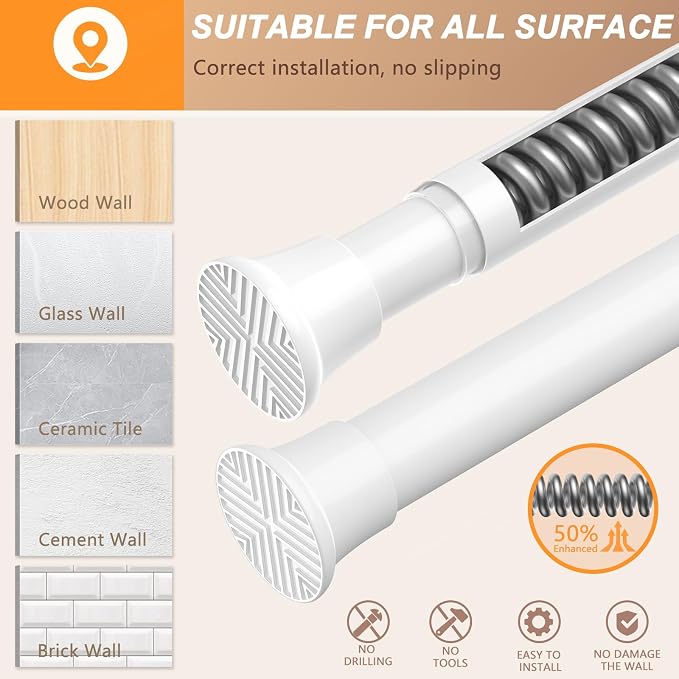 Adjustable Spring Curtain Rod 30-63 inch, Tension Curtain Rod No Drilling, Spring Loaded Curtain rods for Window Doorway Kitchen, White