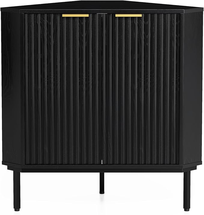 Modern Fluted Corner Cabinet, Small Floor Storage Cabinet with Adjustable Shelf & Metal Legs, Wooden Freestanding Narrow Organizer for Living Room Kitchen, Black