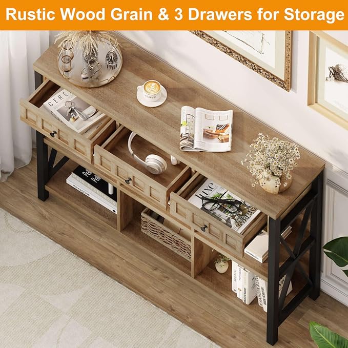 FATORRI Rustic 6 Cube Storage Organizer Bookshelf with 3 Drawers, 47 Inch Long Horizontal Bookshelf, Industrial Wood Short Low Cube Bookcase for Living Room, Home Office (Rustic Oak)