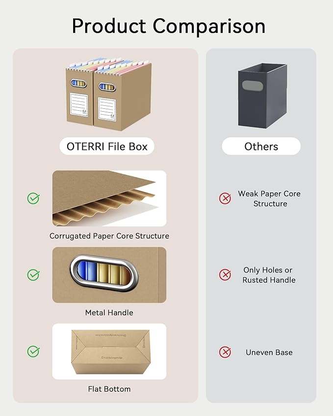 Oterri File Organizer Box, Portable Collapsible Cardboard File Folder Organizer with Handle for Letter Size Hanging Files, Document Storage Box for Home Office & Classroom (8 Packs, Brown)