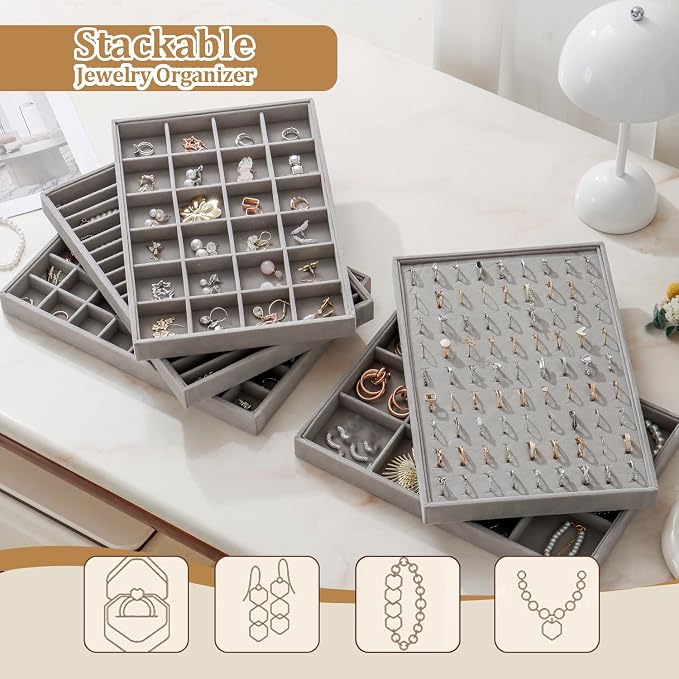 Large Velvet Jewelry Tray 2 Pack Stackable Jewelry Display Drawer Inserts Trays Organizer for Earring Bracelet Necklace Ring (Gray, 12 Grids+24 Grids)