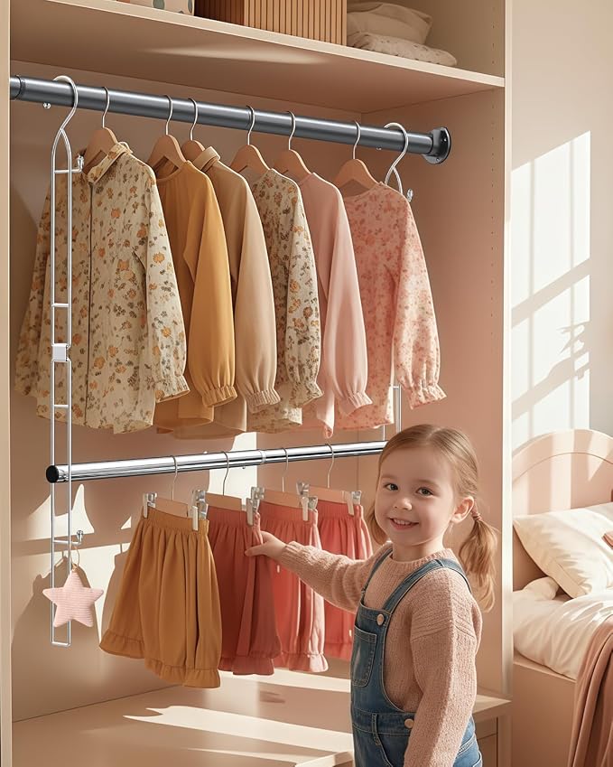 Supforce Hanging Closet Rod with Side Hooks, Adjustable Height & Width | 2 Pack, Stainless Steel, Expand Closet Space, Adjustable Fit for Any Closet, 88 lb Heavy-Duty Capacity, Tool-free Install