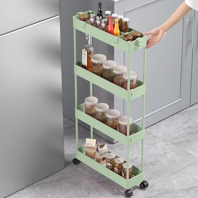 SPACELEAD Slim Storage Cart 4 Tier,Bathroom Organizer Rolling Utility,Mobile Shelving Unit Slide Out for Office, Kitchen, Laundry Room & Narrow Places，Green