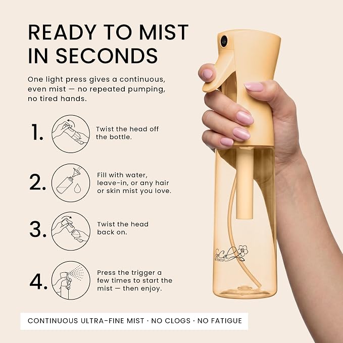 Continuous Spray Bottle for Hair – Slim Design - Fine Mist Water Sprayer for Hairstyling, Curly Hair – Refillable Mister Bottle with 360 Spray – Travel Size Hair Water Bottle