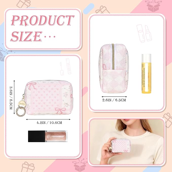 Quilted Mini Makeup Bag, Cute Small Cosmetic Bag for Purse, Y-Rose | Floral Travel Makeup Pouch, Make Up Pouch for Women, Purse Organizer Pouches for Travel/ Gym/ Daily Use, Perfect Gifts