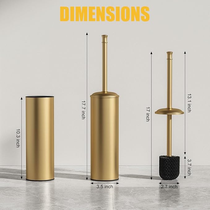 BESy Toilet Brush and Holder, Toilet Cleaner Bowl Set with Two Brush with Extra Long Handle, Durable Bristles Toilet Scrubber and Covered Holder, Drip-Proof Stainless Steel Brushed Gold