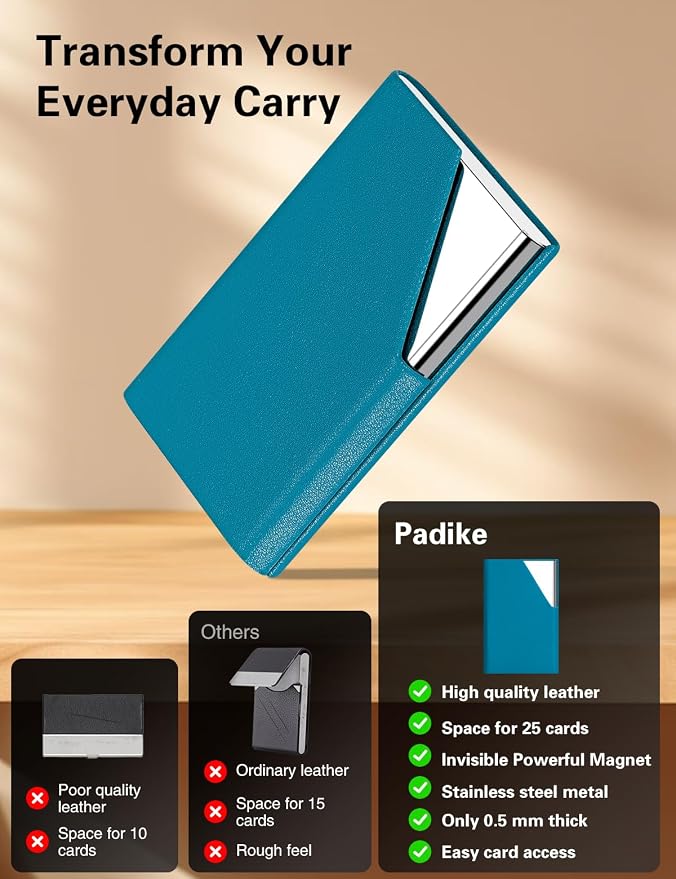 Padike Business Card Holder, Upgraded Leather Business Card Case Pocket Card Holders for Men or Women, Metal Slim Name Card Holder RFID Blocking Business Card Carrier with Magnetic Closure(Y-TQ)