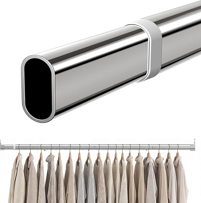 Oval Closet Rod 18-100 Inch Adjustable Closet Rods for Hanging Clothes Heavy Duty Silver Poles Bar with End Supports Rust Proof Wardrobe Rod for Laundry Room RV