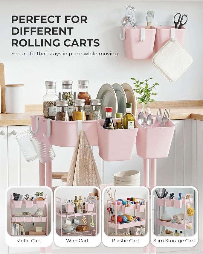 4 Pack Rolling Cart Accessories, Pink Craft Cart Cup Holder and 6 Hooks for Utility Carts, Adhesive Kitchen Cabinet Door Storage, Space-Saving Wall Mount Organizer for Bathroom, Office, Makeup
