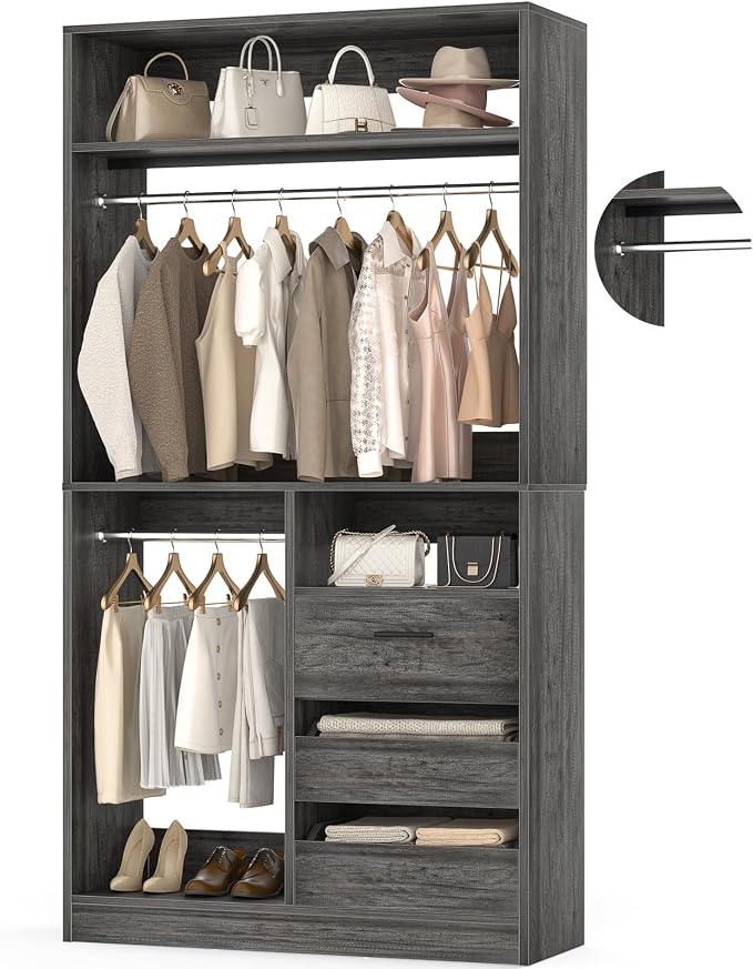 36 Inches Modular Closet Drawers System with Long Hanging Rods, 3FT Wood Closet Organiser with 3 Drawers, Walk-in Freestanding Wardrobe Storage Cabinet with 4 Shelves, Oak (36"L x 15" W x 80" H)