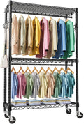 M MZG Heavy Duty Rolling Garment Rack 3 Tiers Adjustable Wire Shelving Clothes Rack with 2 Rods and Side Hooks, Storage Closet Clothing Rack with Wheels Black 17.7" D x 47.2" W x 83.6" H