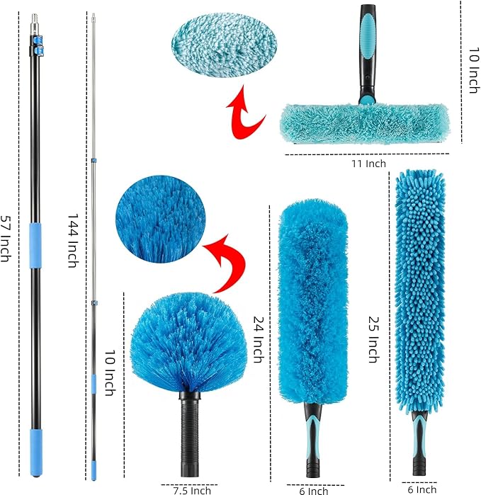 20 Foot High Ceiling Fan, Cobweb Duster with 5-12ft Extension Pole | Extendable, Reusable Feather, Window Cleaning Squeegee Kit