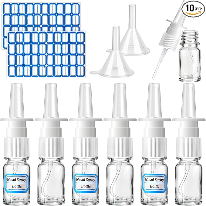 10 Pcs Nasal Spray Bottles, 5ML/0.17OZ 6 Pcs Glass Transparent Fine Mist Refillable Empty Nasal Spray Bottle with 2 Funnels and 2 Labels