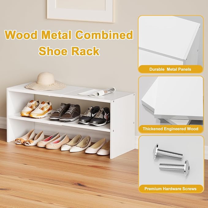 2 Pack White Shoe Rack for Closet, 2-Tier Expandable Small Shoe Shelf, Stackable Iron Wood Combination Shoe Organizer Racks Shelves for Closets, Entryway, Hallway, Garage, Holds 12-24 Pairs