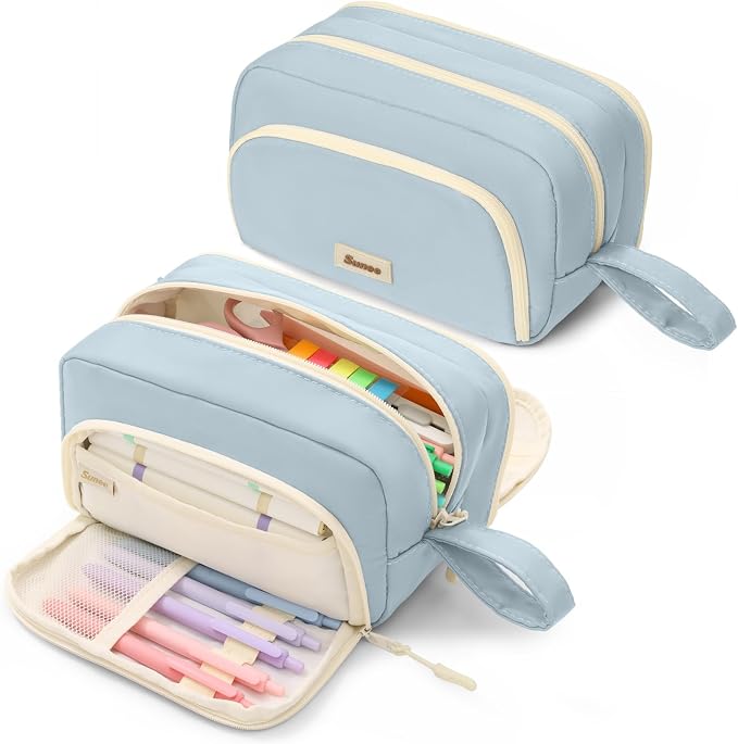 SUNEE Large Pencil Case, Big Capacity Pen Pouch with 3 Compartments, Kawaii Cute Pencil Bag with Zipper, High Storage Stationery Holder and Organizer, School Supplies for Teen and Adult Girls, Blue