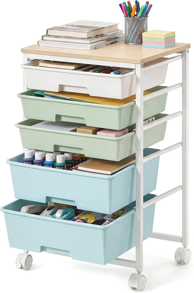 VASAGLE 5-Drawer Rolling Storage Cart, Mobile Organizer Trolley with Wood Top and Metal Frame, for Craft Room, Office, 15.6 x 11.2 x 24.8 inch, Green and White, Benco Collection ULRC005C101